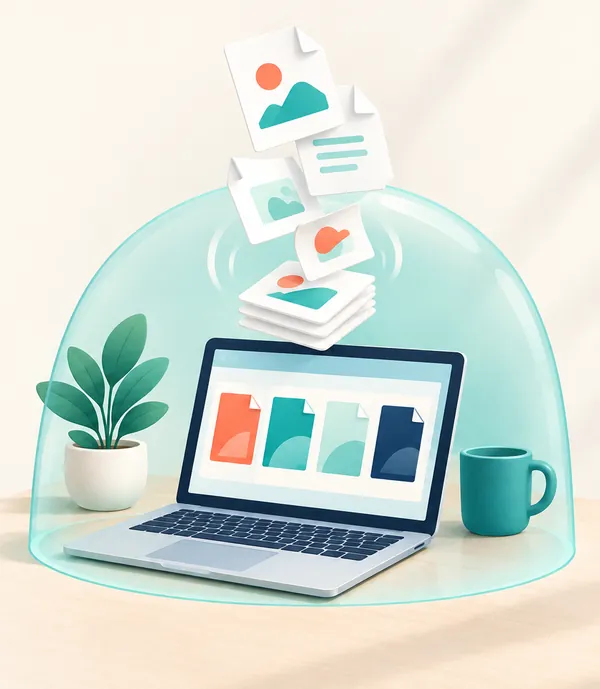Illustration: PDF pages being sorted on a laptop under a protective dome, the files stay on the device
